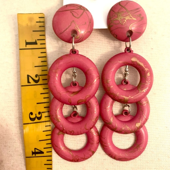 Vintage :: Pink Dangle Hoop Earrings 80s Gold Pink Barbiecore Retro 4” 3 Hoops - Picture 3 of 7
